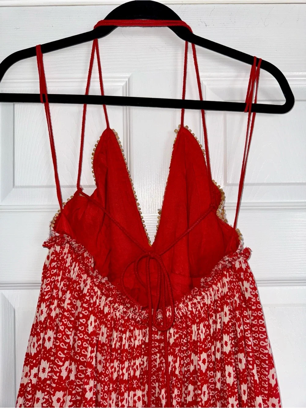 FREE PEOPLE Red White Beaded Embroidered Mirror Strappy Good Vibes Midi Maxi L